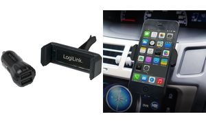 LogiLink USB-KFZ-Ladegerät + Smartphone Halterung, schwarz
